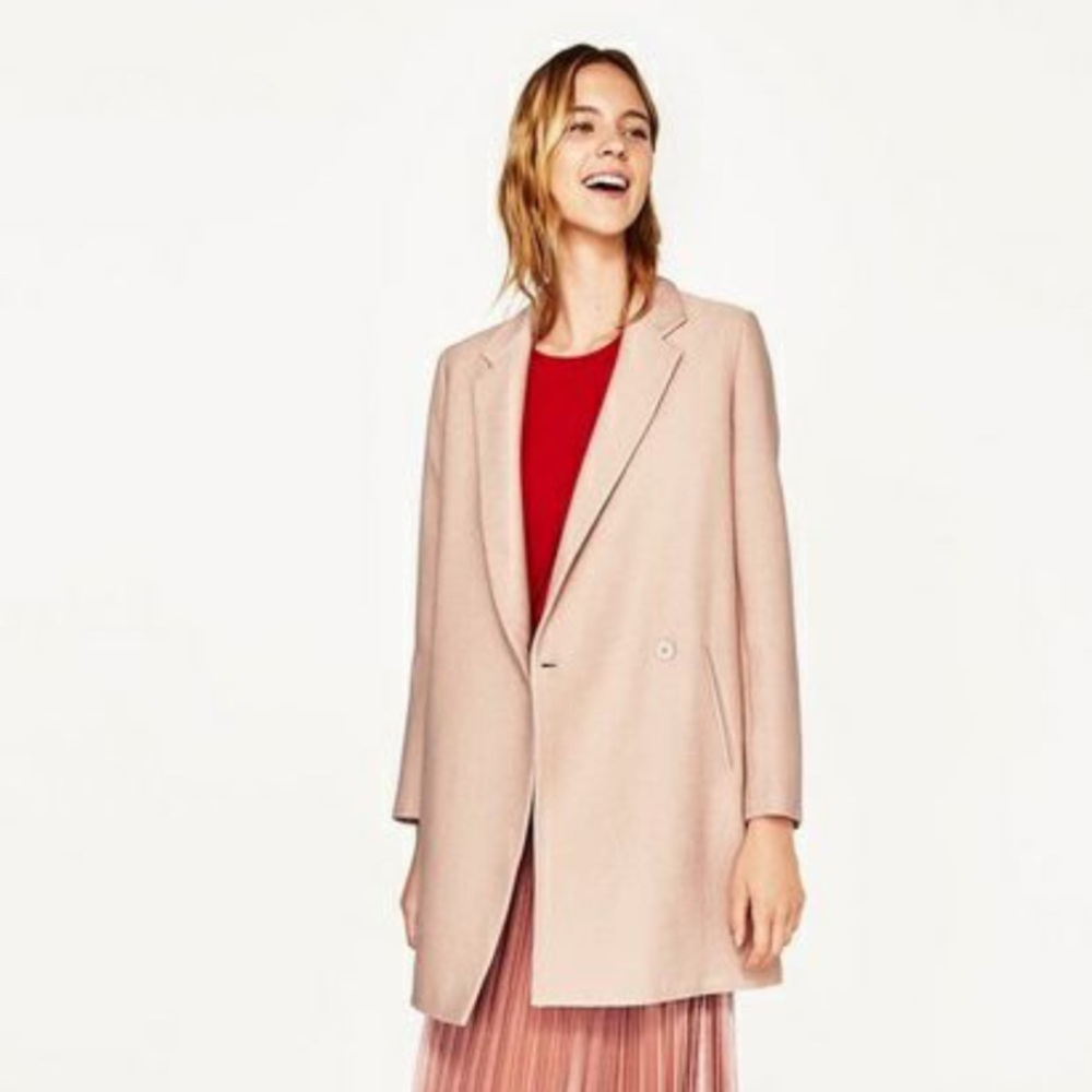 NWT Zara Women’s Light Pink Nude Double Breasted Textured Coat - Picture 5 of 16